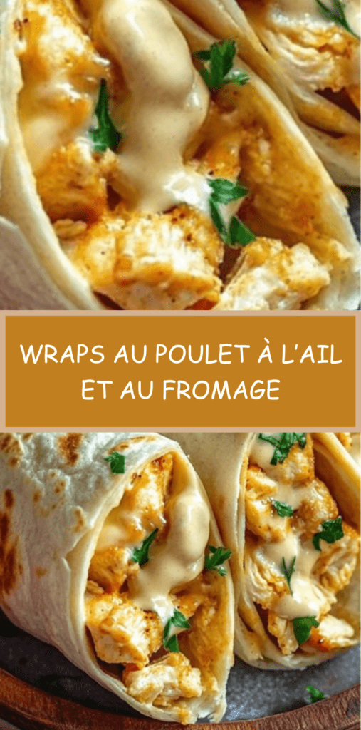 Wraps au poulet à l’ail et fromage fondant, coupés en deux, garniture crémeuse visible avec persil frais et tortilla dorée.