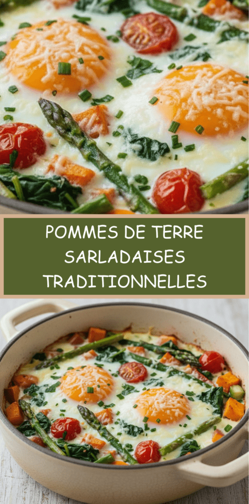 Plat d’œufs cocotte aux légumes rôtis avec patate douce dorée, asperges vertes, épinards frais et tomates cerises, jaunes d’œufs coulants et fromage gratiné au four.