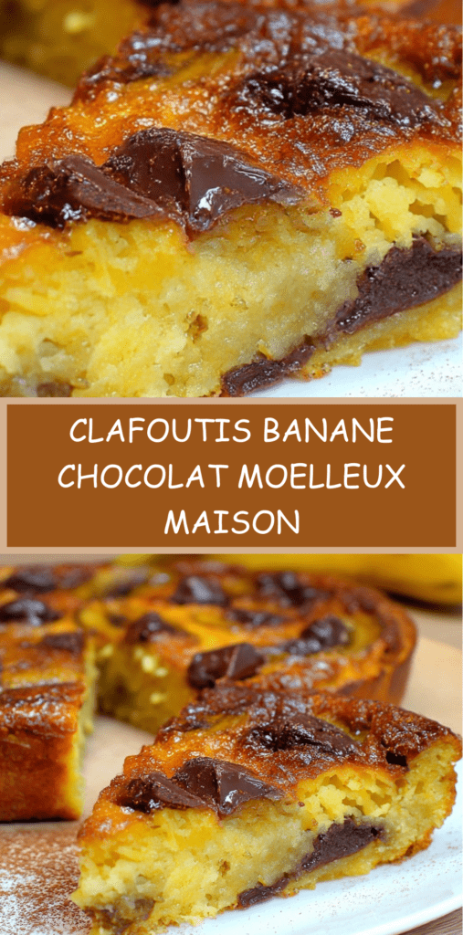 Clafoutis banane chocolat maison dans un moule beurré, bananes en rondelles et morceaux de chocolat noir fondants, surface dorée et légèrement gonflée à la sortie du four.