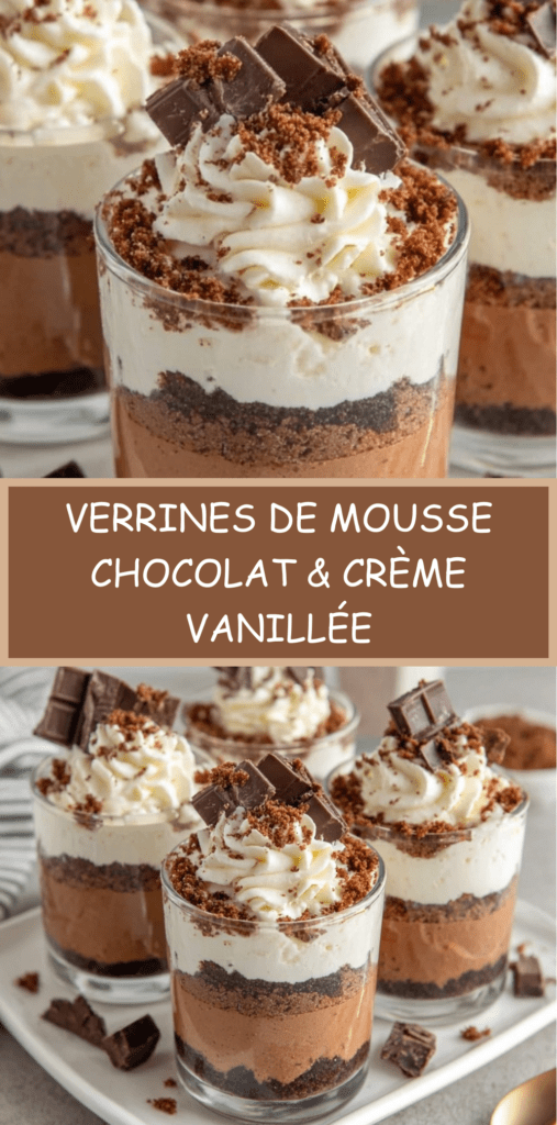 Verrines en verre garnies de mousse au chocolat noir onctueuse, couche de biscuits chocolat émiettés, chantilly vanillée pochée en spirale et saupoudrée de cacao.