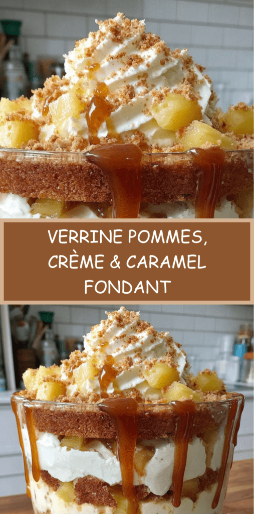 Verrine pommes transparente garnie de couches de gâteau moelleux, crème légère au fromage frais, pommes caramélisées fondantes et nappage caramel coulant.