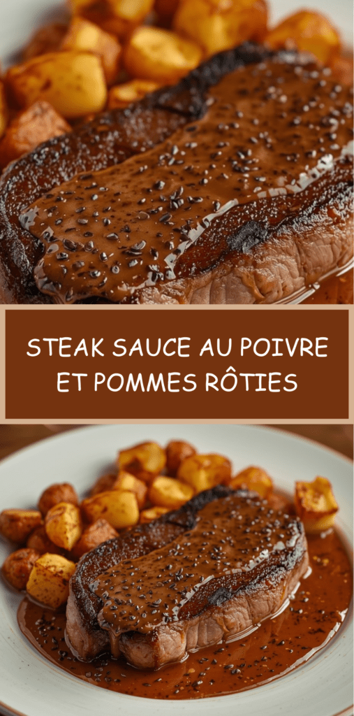 Steak grillé nappé de sauce au poivre crémeuse, accompagné de pommes de terre grenaille rôties dorées et croustillantes sur une assiette chaude.