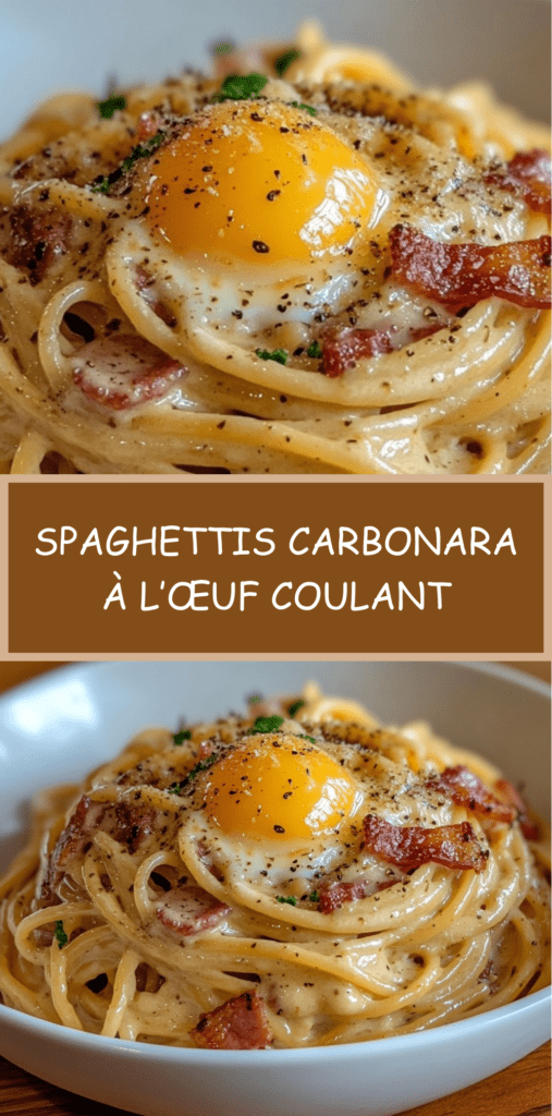Assiette de spaghettis carbonara crémeux avec lardons dorés, sauce brillante au parmesan et œuf au plat au jaune coulant sur le dessus.