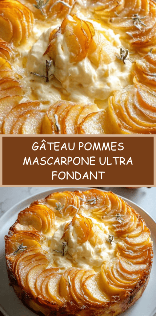Gâteau pommes mascarpone ultra fondant, doré sur les bords, garni de fines lamelles de pommes légèrement caramélisées, texture crémeuse visible à la découpe sur une assiette claire.