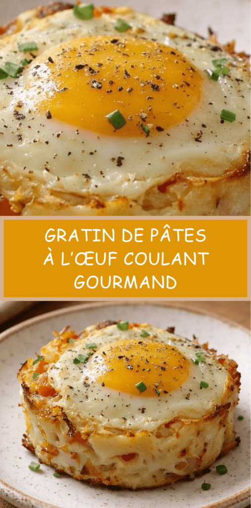Gratin de pâtes crémeuses légèrement dorées sur les bords, avec un œuf au jaune coulant au centre, parsemé de ciboulette fraîche dans un ramequin en céramique.