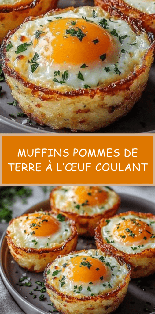 Muffins de pommes de terre dorés et croustillants formant des nids, garnis d’un œuf au jaune coulant au centre, parsemés de persil frais dans un moule à muffins.