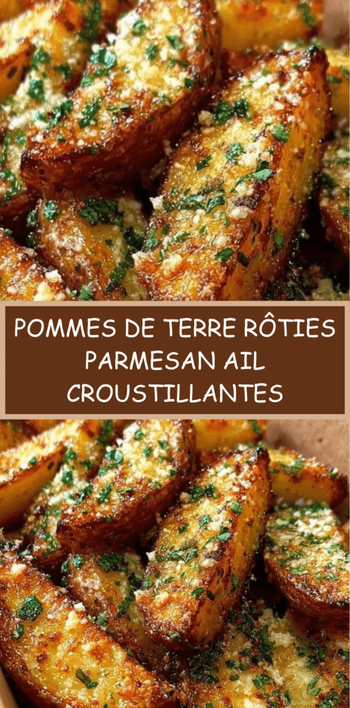 Quartiers de pommes de terre rôties au four, dorés et croustillants, enrobés d’ail et de parmesan gratiné, parsemés de persil frais sur une plaque de cuisson.