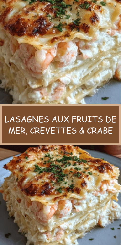 Plat de lasagnes aux fruits de mer gratinées, couches visibles de pâtes fondantes, crème onctueuse, crevettes et chair de crabe sous une croûte dorée de mozzarella et parmesan.