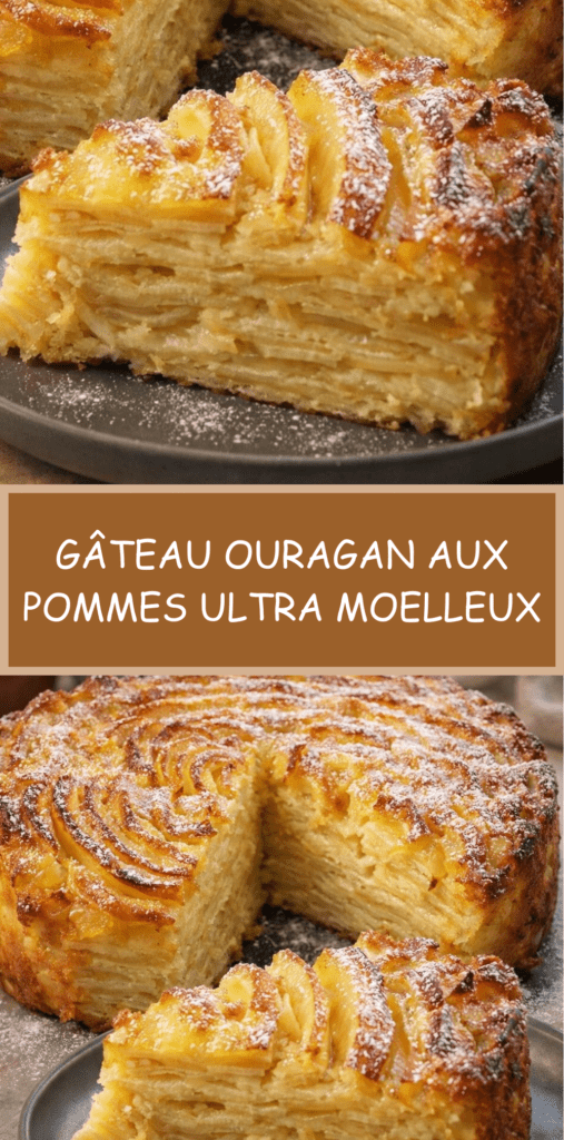 Gâteau ouragan aux pommes coupé en parts, fines tranches de pommes superposées formant un effet tourbillonnant, texture fondante et surface légèrement dorée saupoudrée de sucre glace.