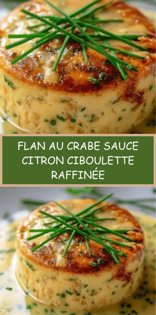 Flan au crabe individuel démoulé sur assiette blanche, nappé de sauce à la ciboulette et zeste de citron, texture fondante et présentation élégante