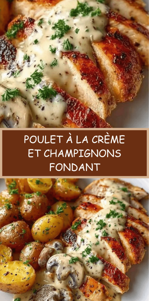 Blancs de poulet à la crèmedorés nappés de sauce crémeuse aux champignons de Paris, servis avec pommes de terre grenaille rôties et persil frais