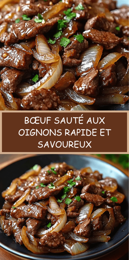 bœuf sauté aux oignons caramélisés dans un wok, sauce brillante à la soja, garnies de ciboule fraîche