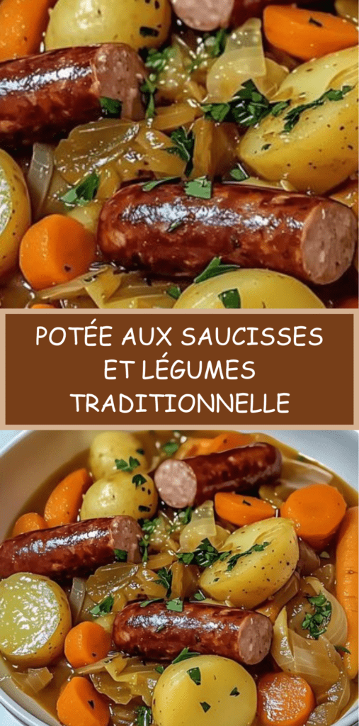 Potée aux saucisses fumées servie en cocotte avec pommes de terre, carottes et chou vert mijotés dans un bouillon parfumé au thym