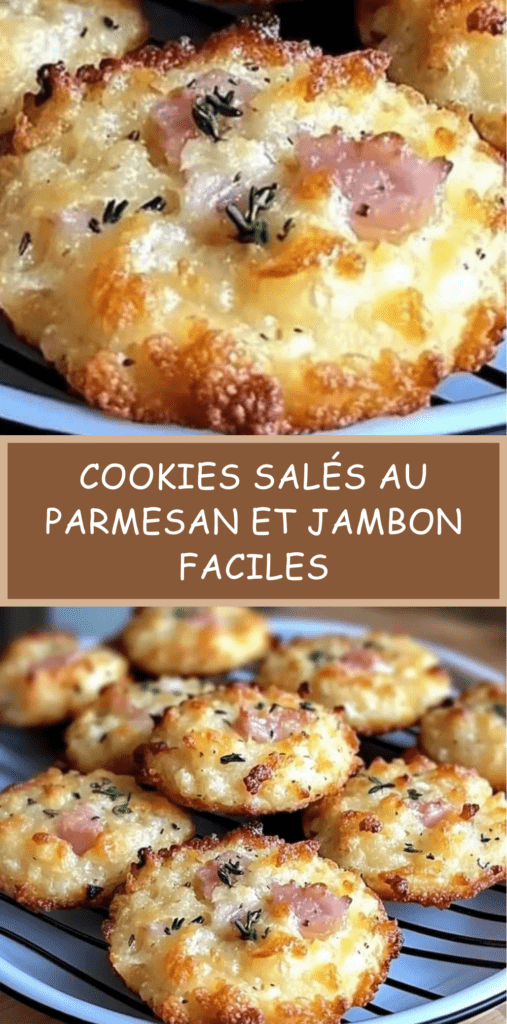 Cookies salés dorés au parmesan et jambon en dés, texture moelleuse à l’intérieur et croustillante à l’extérieur, présentés sur une plaque de cuisson