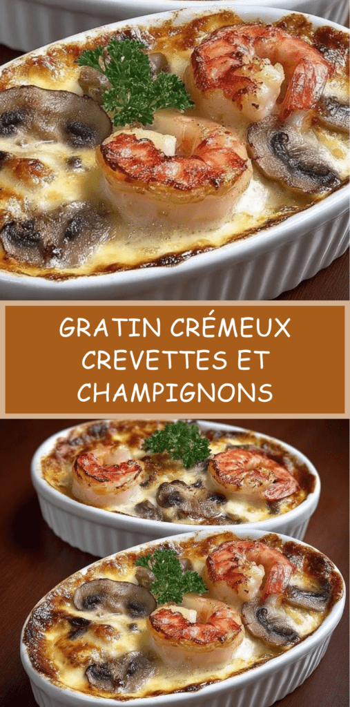 Gratin crémeux aux crevettes et champignons doré au four, fromage fondu et légèrement gratiné en surface, servi en ramequin individuel
