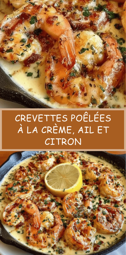 Crevettes poêlées nappées de sauce crémeuse au citron et à l’ail, garnies de persil frais dans une poêle chaude