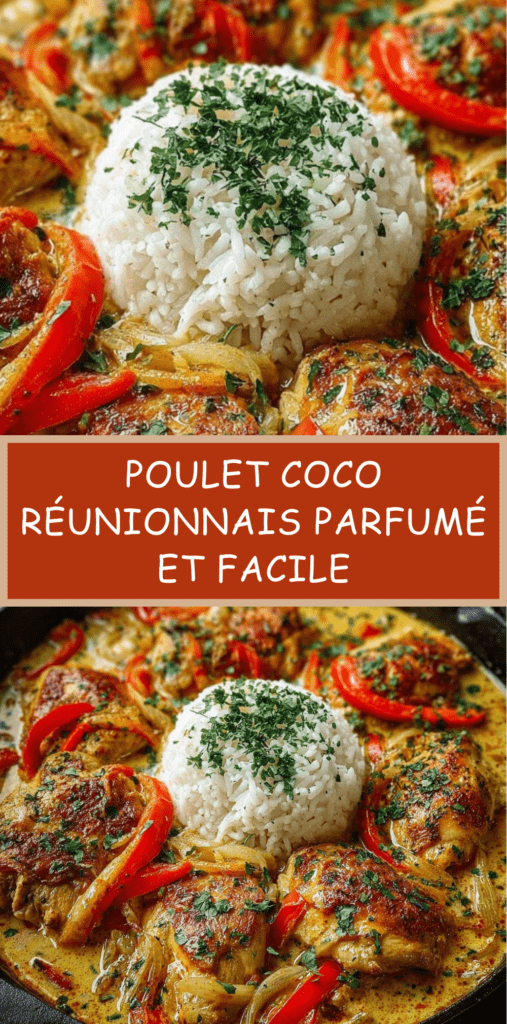 Poulet coco réunionnais mijoté au lait de coco avec poivrons rouges et épices, servi avec riz blanc moelleux