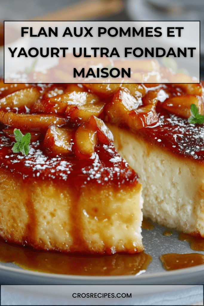 Flan aux pommes et yaourt ultra fondant doré au four, nappé de miel, texture crémeuse visible à la découpe, servi sur une assiette blanche avec morceaux de pommes caramélisés