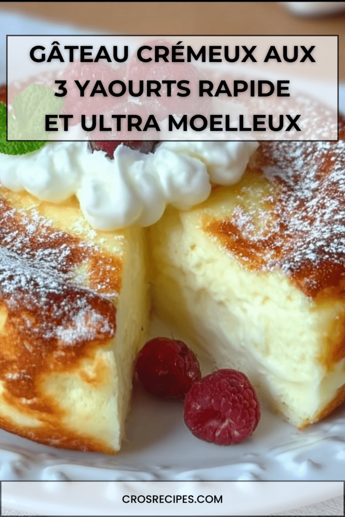 Gâteau crémeux aux trois yaourts doré au four, texture moelleuse visible à la découpe, saupoudré de sucre glace et décoré de fruits frais