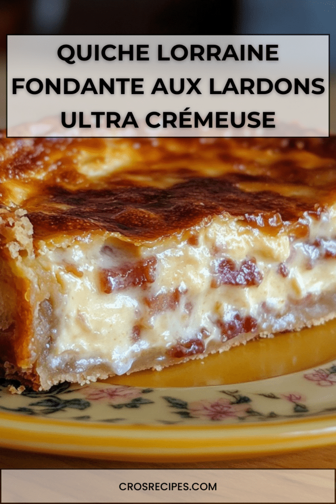 Quiche lorraine dorée au four avec lardons fumés et fromage fondant, texture crémeuse visible à la découpe, servie chaude sur une assiette rustique