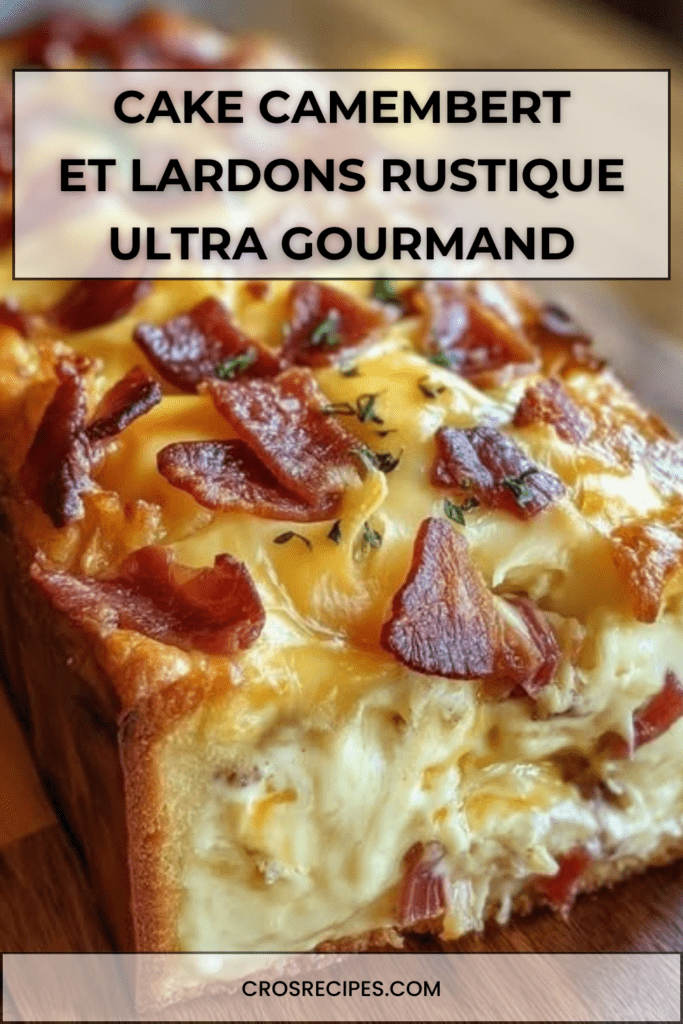 Cake camembert salé et lardons doré au four, texture moelleuse visible à la découpe, fromage fondant et lardons croustillants, servi en tranches épaisses