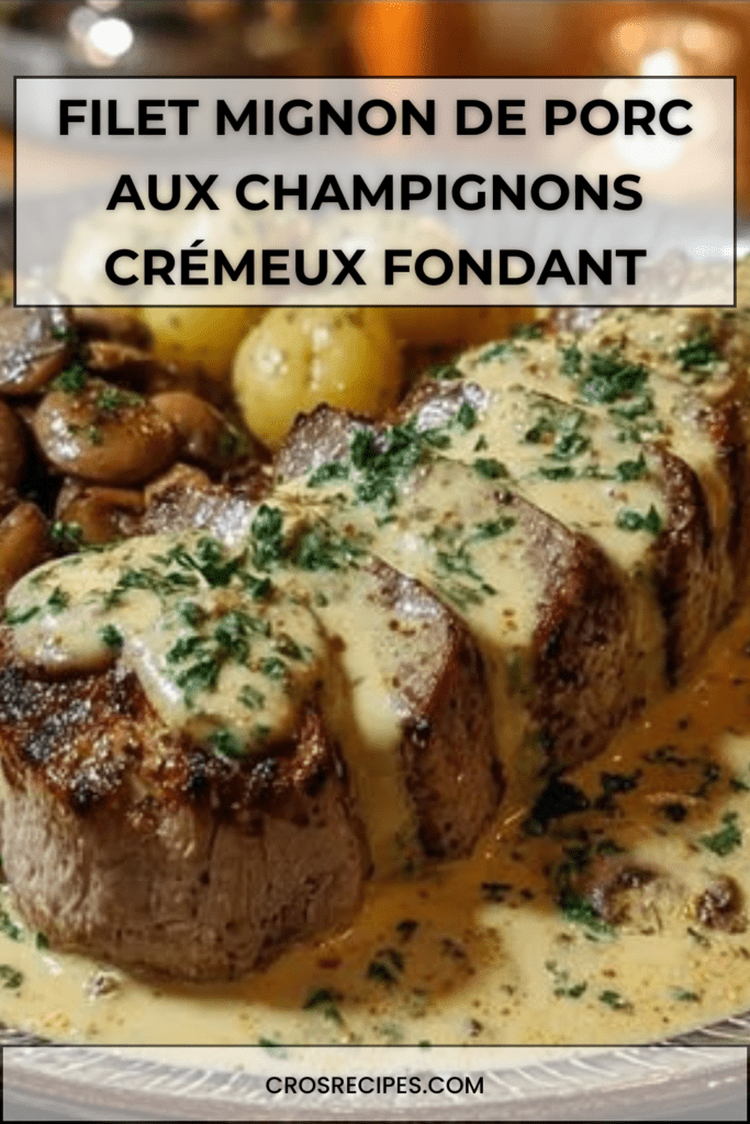 Filet mignon de porc aux champignons nappé de sauce crémeuse, morceaux tendres visibles, champignons dorés et persil frais en finition, servi chaud