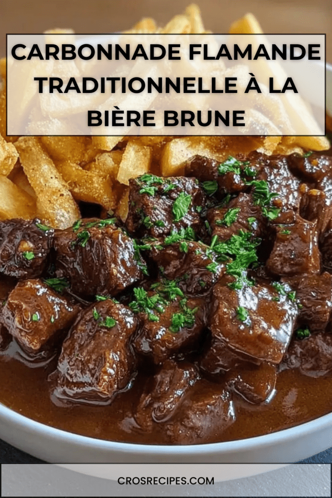 Carbonnade flamande traditionnelle mijotée à la bière brune, morceaux de bœuf fondants nappés de sauce épaisse, servie chaude avec frites croustillantes