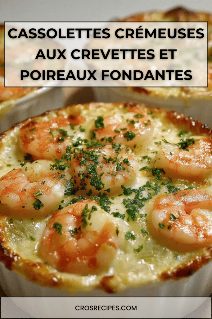 Cassolettes gratinées aux crevettes et poireaux nappées de sauce crémeuse, fromage doré sur le dessus, texture fondante visible, servies chaudes