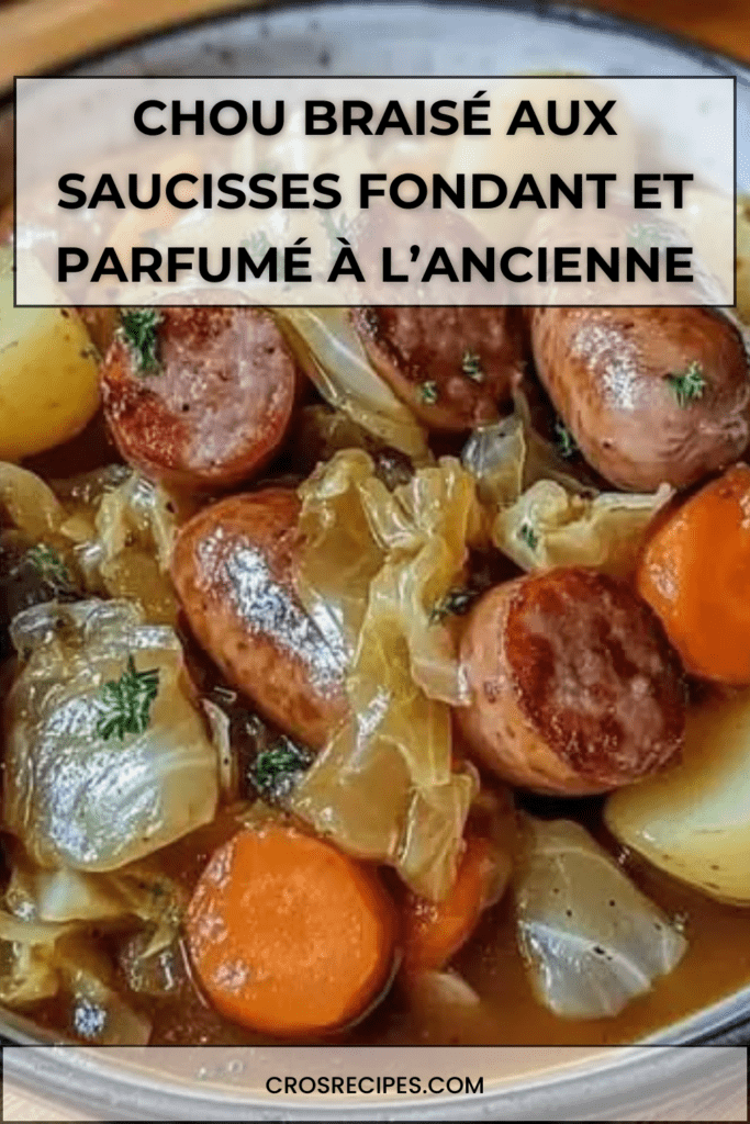 Chou braisé aux saucisses fumées avec pommes de terre et carottes, légumes fondants dans un bouillon parfumé, servi chaud en cocotte rustique