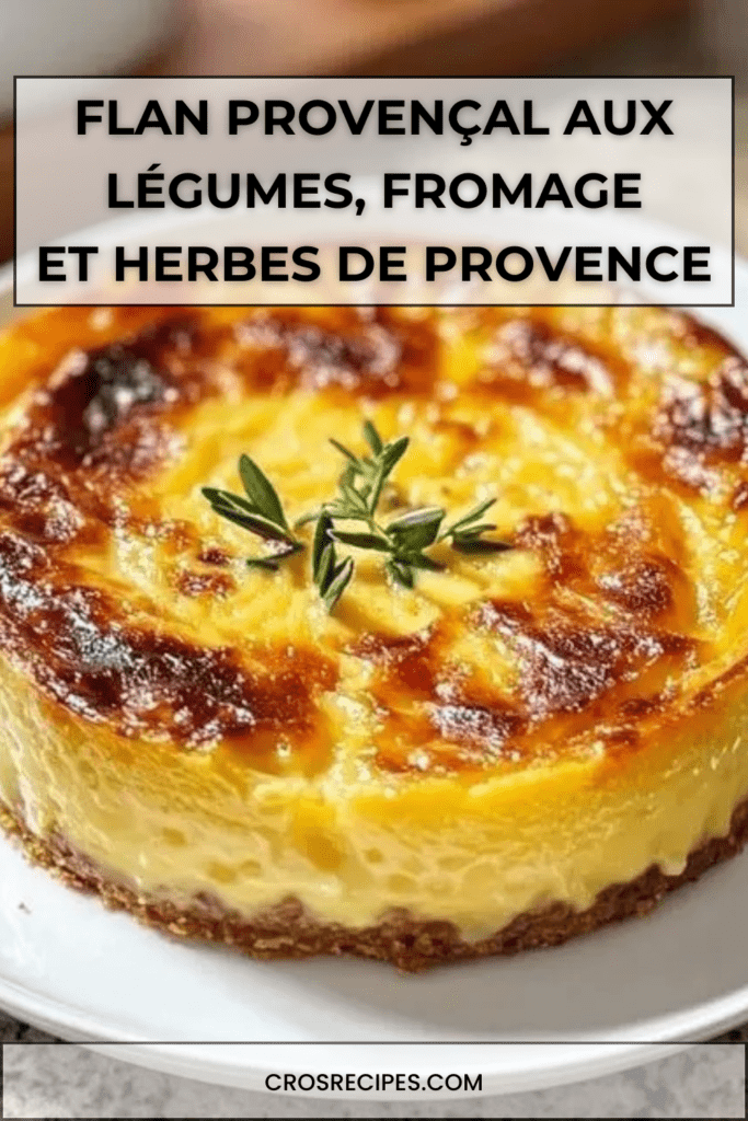 Flan provençal aux tomates, courgettes et poivrons, texture fondante et dorée, fromage gratiné visible, servi en part avec salade verte