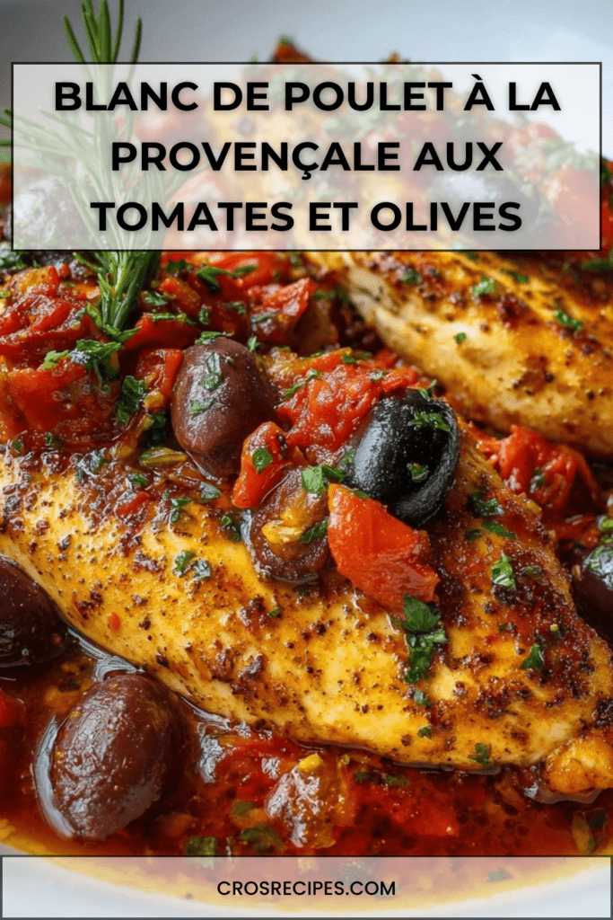 Blanc de poulet mijoté à la provençale avec tomates concassées et olives noires, sauce rouge parfumée aux herbes, servi chaud dans une poêle rustique