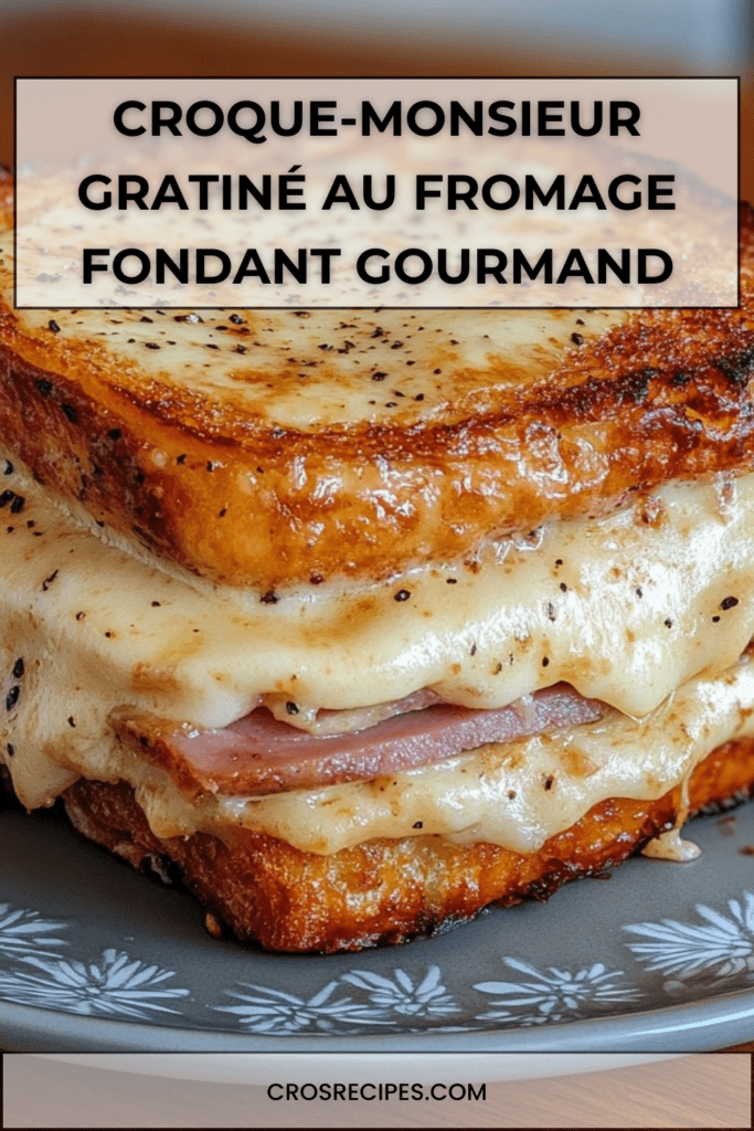 Croque-monsieur gratiné au fromage fondant avec pain doré et croustillant, fromage filant visible à la découpe, servi chaud avec surface bien gratinée