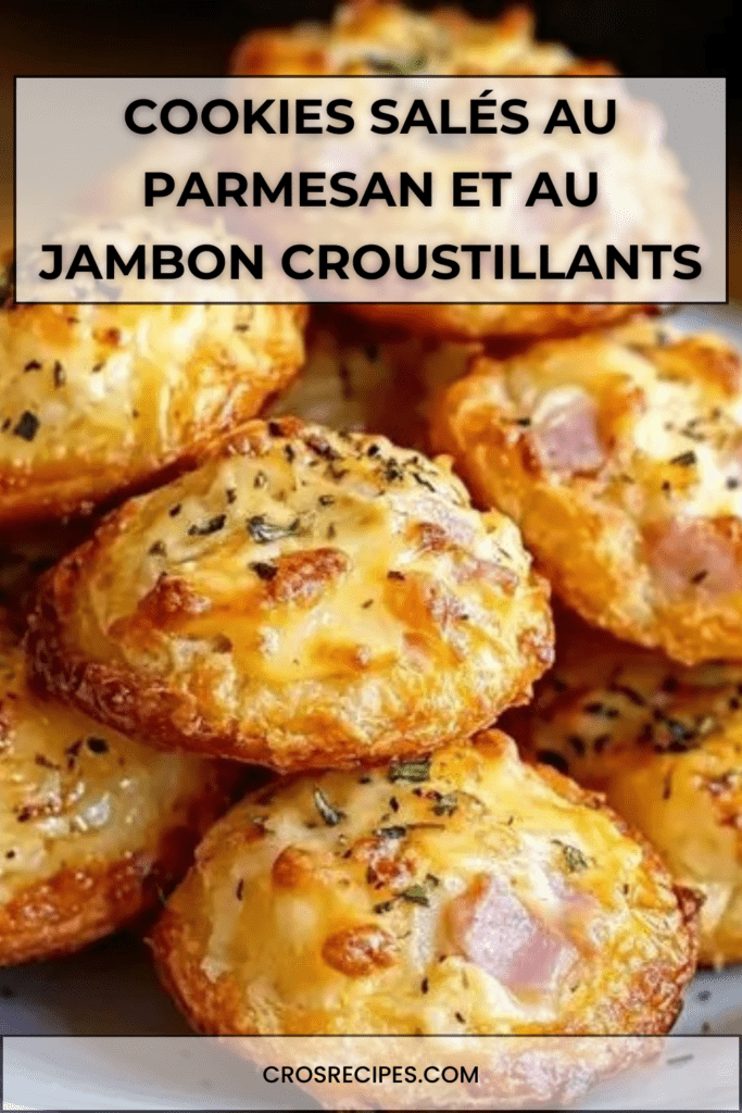 Cookies salés au parmesan et au jambon dorés au four, texture croustillante à l’extérieur et moelleuse à l’intérieur, servis sur une assiette pour apéritif
