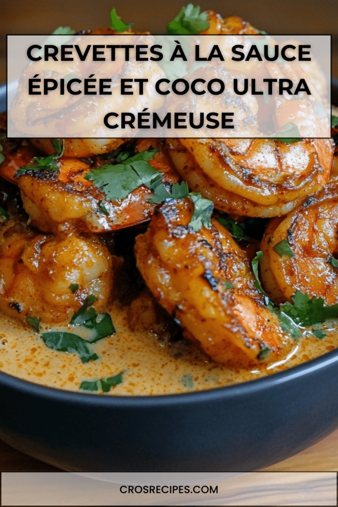 Crevettes roses mijotées dans une sauce crémeuse au lait de coco et aux épices, citron vert et coriandre fraîche, servies dans une poêle chaude