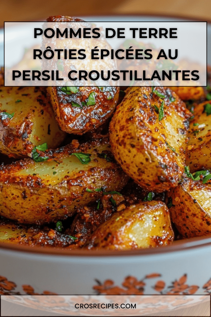 Pommes de terre rôties au four croustillantes et dorées, enrobées d’épices, ail et persil frais, servies dans un plat rustique