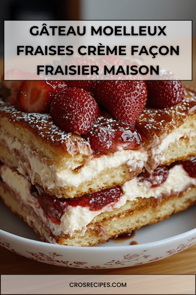 Gâteau moelleux façon fraisier garni de chantilly, fraises fraîches et sucre glace, présenté en parts nettes sur un plat de dessert