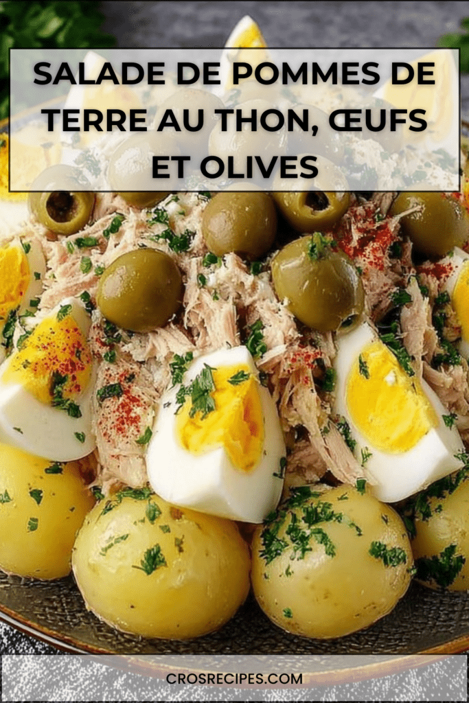 Salade de pommes de terre au thon avec œufs durs, olives et persil frais, assaisonnée d’une vinaigrette à l’huile d’olive, servie dans un grand plat