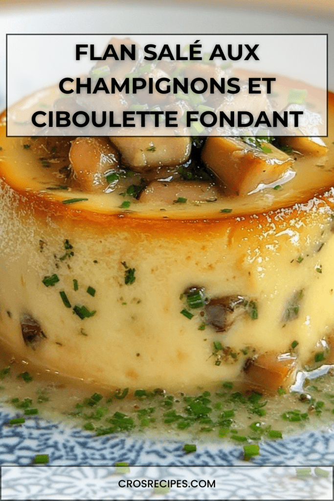 Flan salé individuel aux champignons de Paris et ciboulette, texture fondante, démoulé sur assiette avec finition aux herbes fraîches