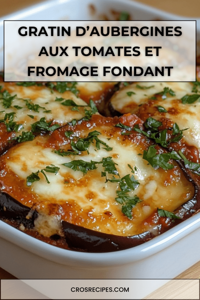 Gratin d’aubergines maison aux tomates concassées, mozzarella fondante et parmesan doré, servi chaud dans un plat à gratin.