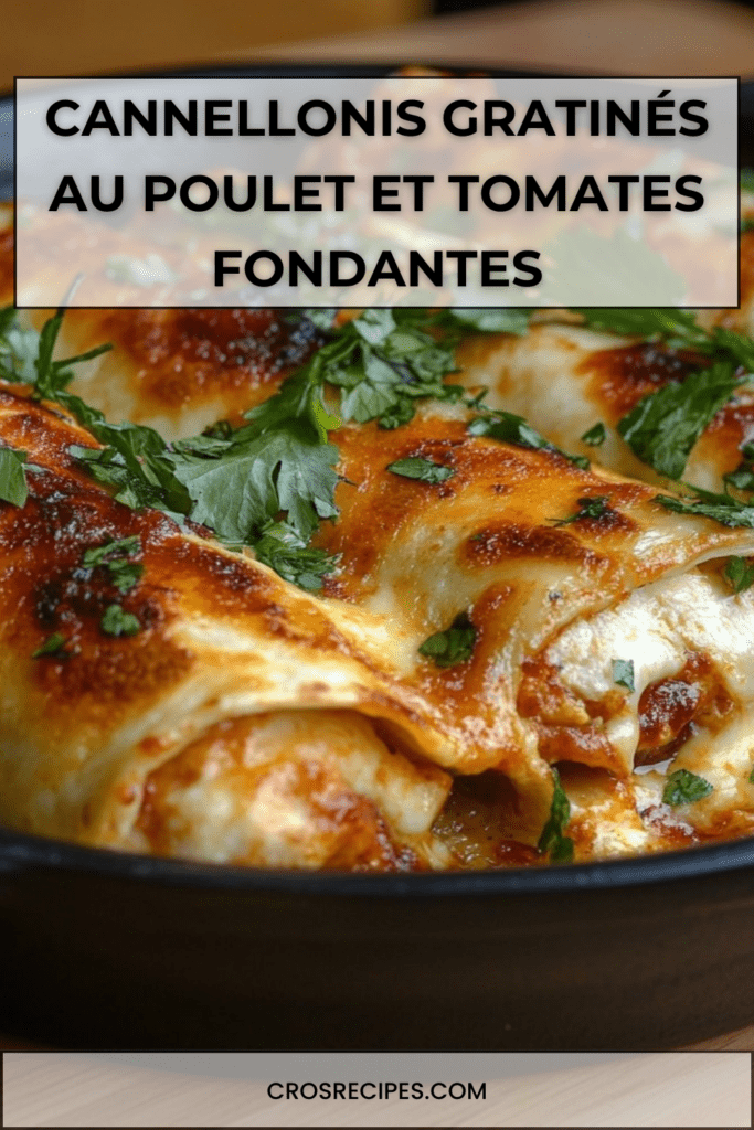 Plat de cannellonis gratinés au poulet nappés de tomates concassées et recouverts de fromage gratiné doré, servis bien chauds.