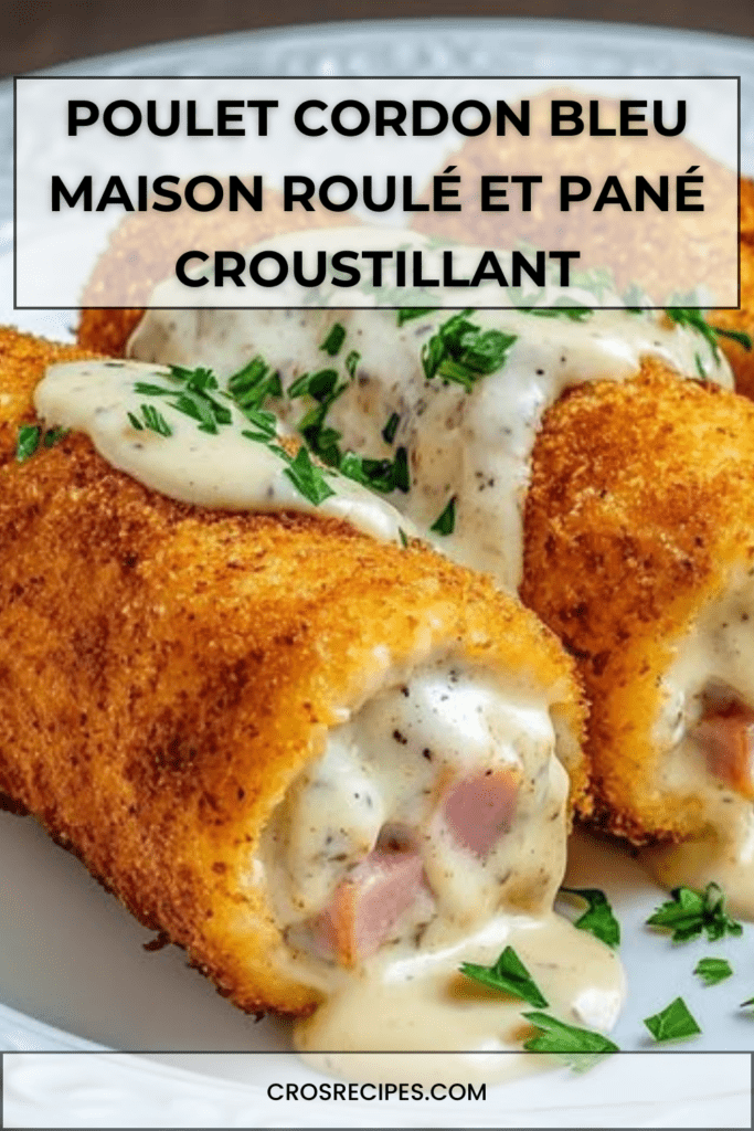Poulet cordon bleu maison roulé et pané, doré et croustillant, garni de fromage fondant et de jambon, servi bien chaud.