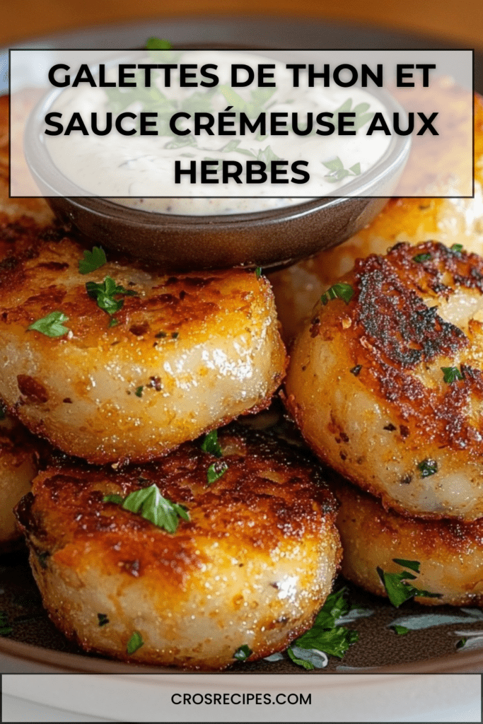 Galettes de thon dorées et croustillantes à la poêle, servies avec une sauce crémeuse aux herbes fraîches, texture fondante à l’intérieur.