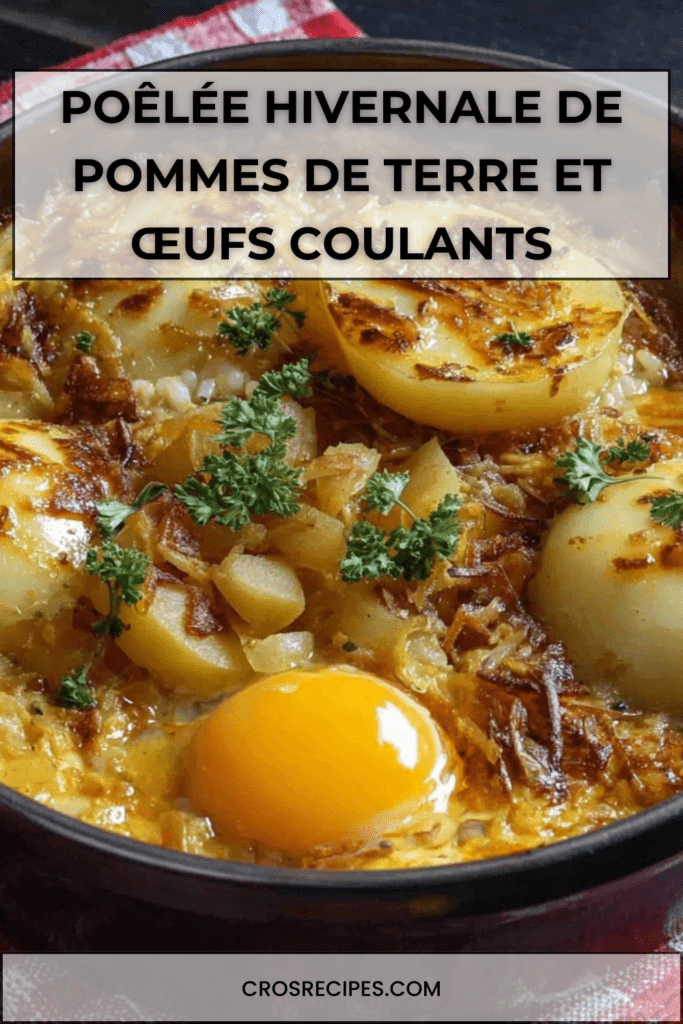 Poêlée de pommes de terre dorées avec oignons fondants et œufs au jaune coulant, servie chaude directement à la poêle.
