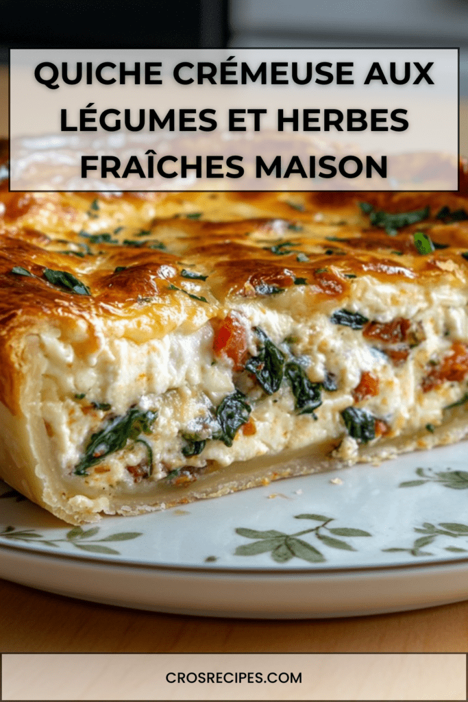 Quiche crémeuse maison aux légumes avec épinards, tomates et herbes fraîches, appareil crémeux aux œufs et fromage, dorée au four.