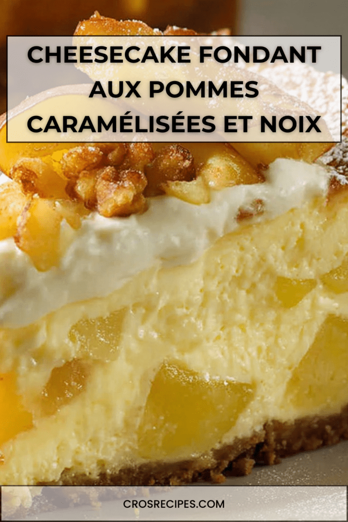 Cheesecake fondant aux pommes caramélisées et noix concassées, base biscuit sablé, texture crémeuse et dessus doré, servi bien frais.