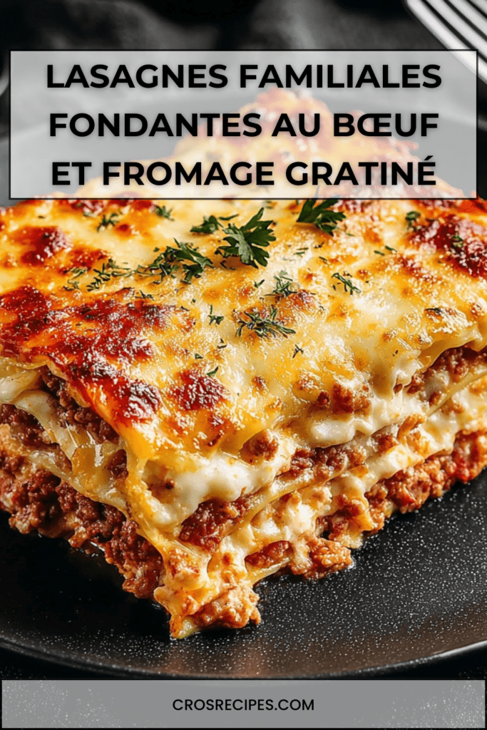 Lasagnes familiales maison au bœuf haché, sauce tomate et béchamel, recouvertes de fromage gratiné doré et fondant, servies bien chaudes.