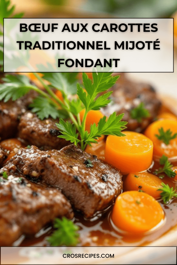 Bœuf aux carottes mijoté en cocotte, viande tendre, carottes fondantes et sauce brune onctueuse, servi bien chaud.