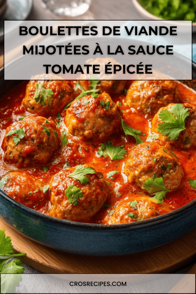 Boulettes de viande maison mijotées dans une sauce tomate épicée, servies chaudes avec herbes fraîches et pain pour saucer.