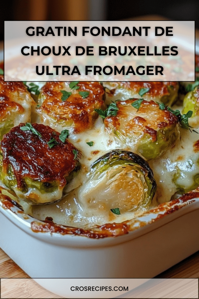 Gratin de choux de Bruxelles au fromage, crémeux et doré au four, servi chaud avec une croûte fondante et gratinée.