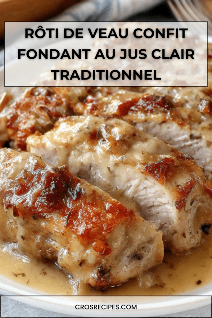 Rôti de veau confit en cocotte, tranché et nappé de jus clair, viande très fondante accompagnée de légumes.